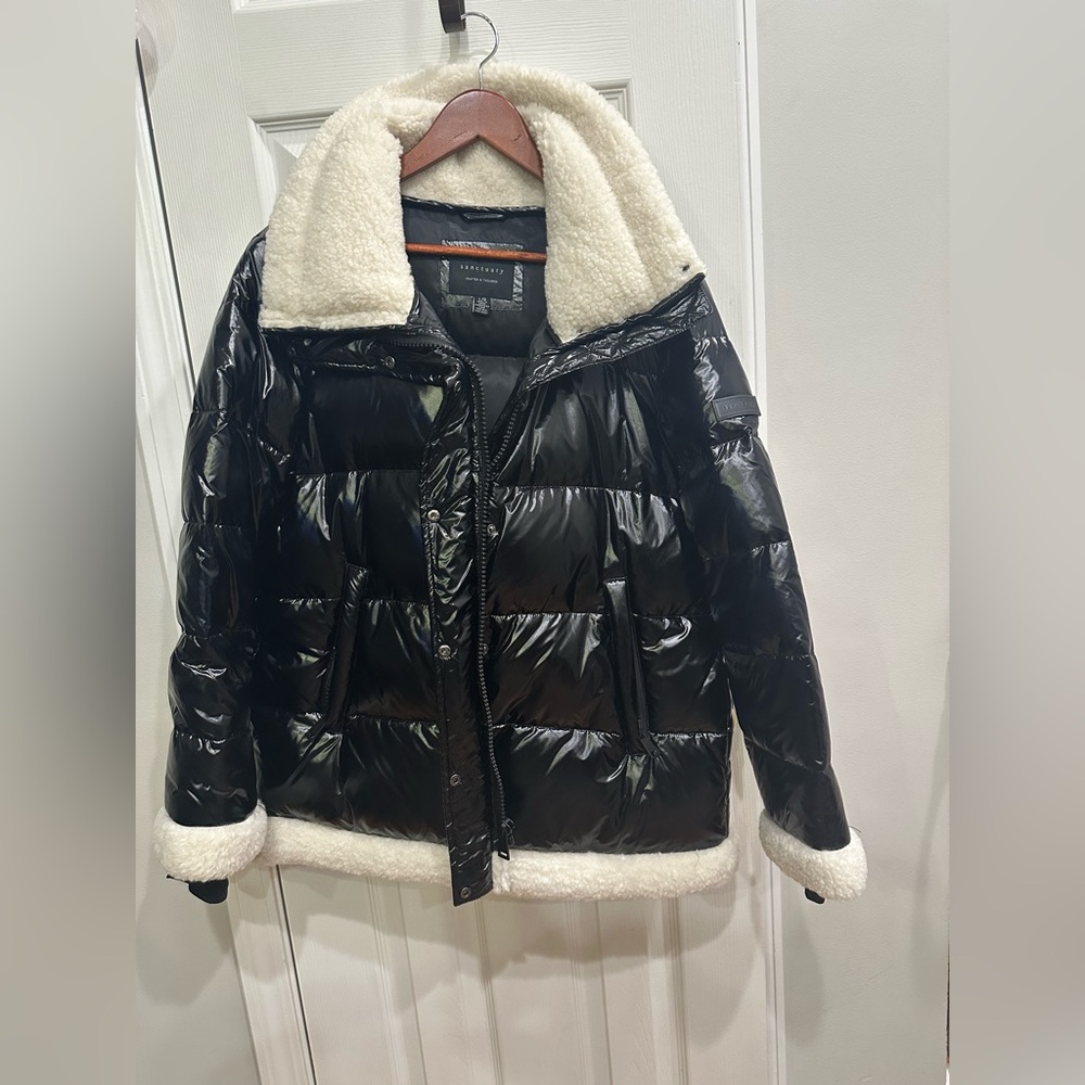 Sanctuary Black Puffer Jacket with Cream Trim